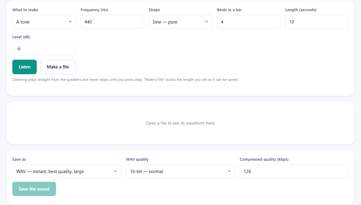Screenshot: Making tones, noise and click tracks