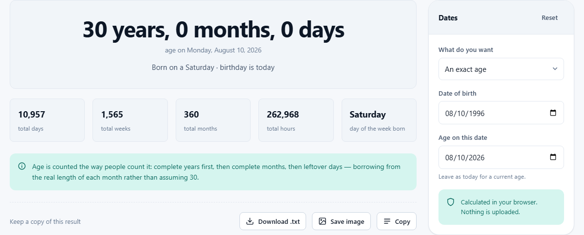 Screenshot: Working out ages and dates