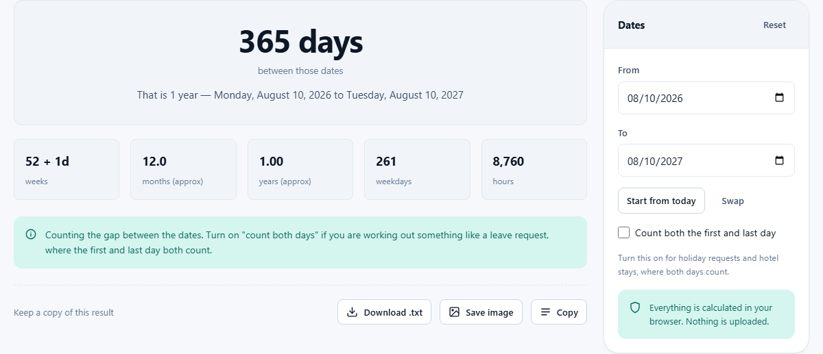 Screenshot: Counting days between dates
