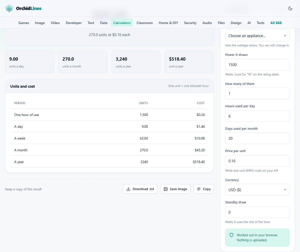 Screenshot: Working out what an appliance costs to run