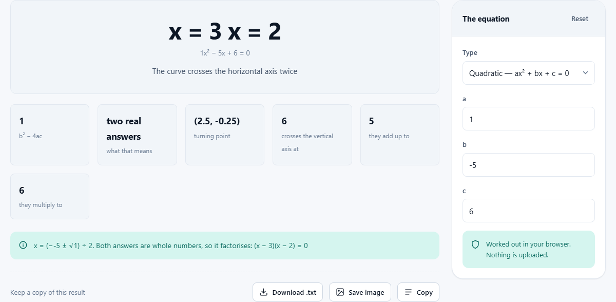 Screenshot: Solving for x, with the steps