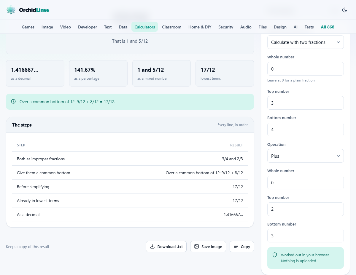 Screenshot: Fractions, with the working shown