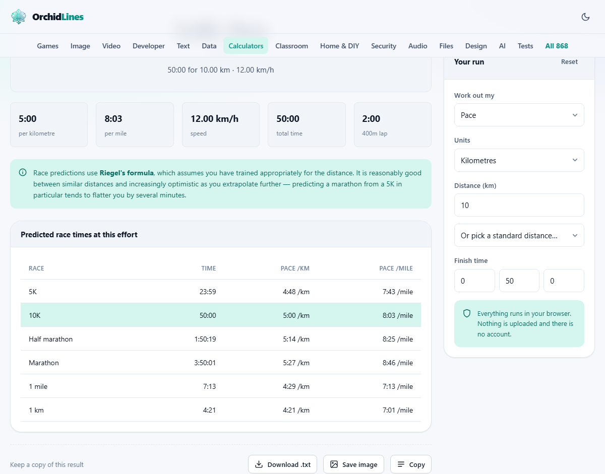 Screenshot: Pace, time and distance