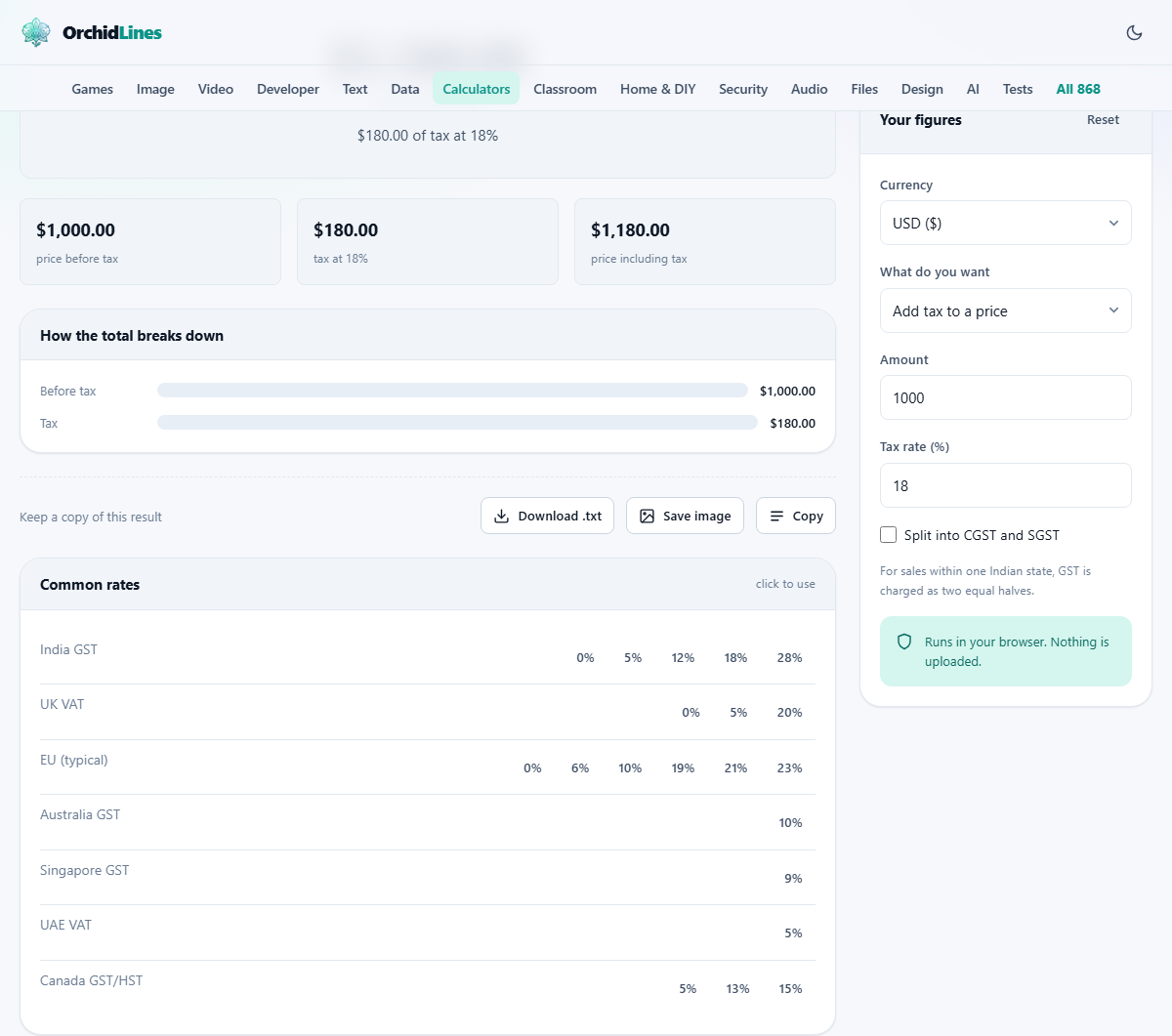 Screenshot: Adding and removing sales tax
