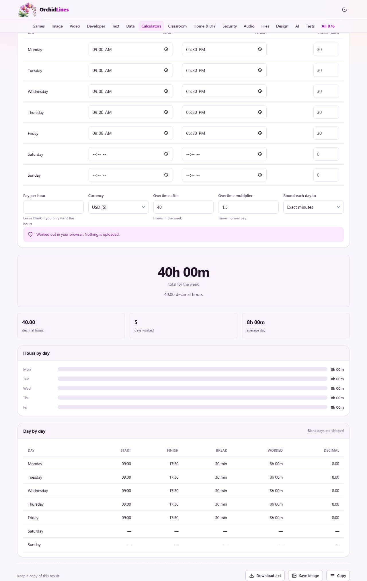 Screenshot: Adding up a week of shifts