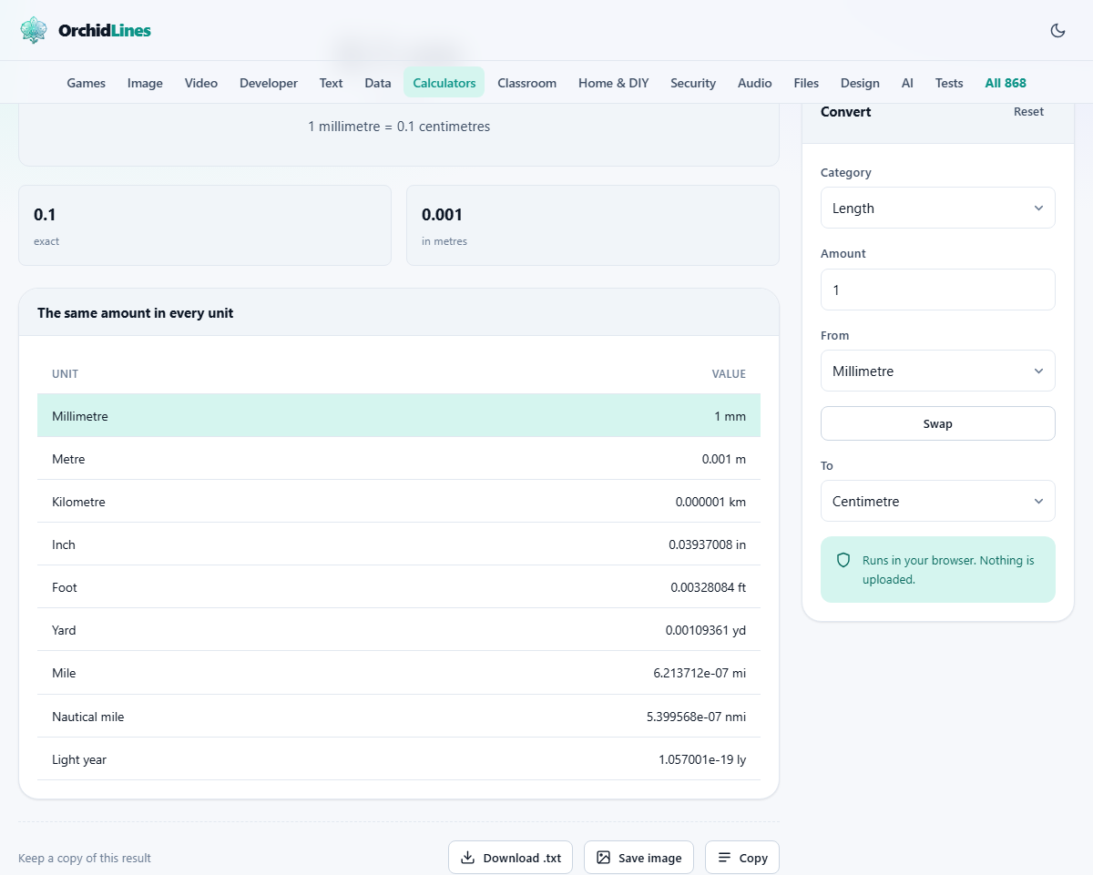 Screenshot: Converting between units