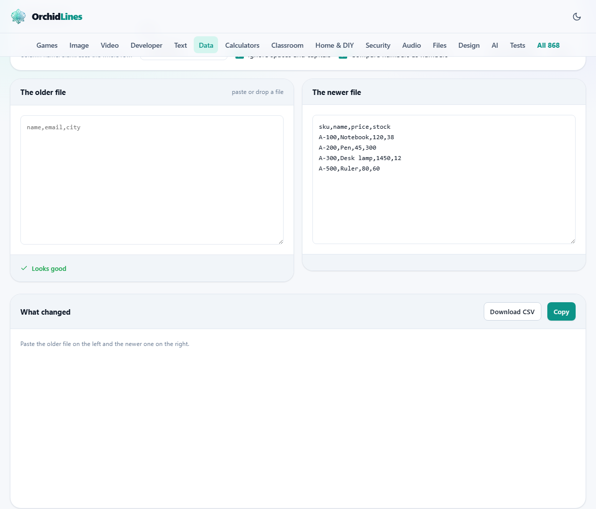 Screenshot: Comparing two versions of the same data