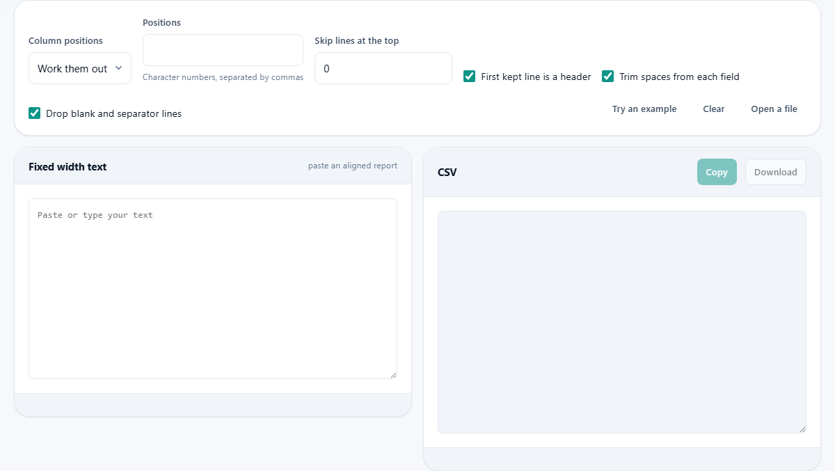 Screenshot: Splitting text that lines up by position