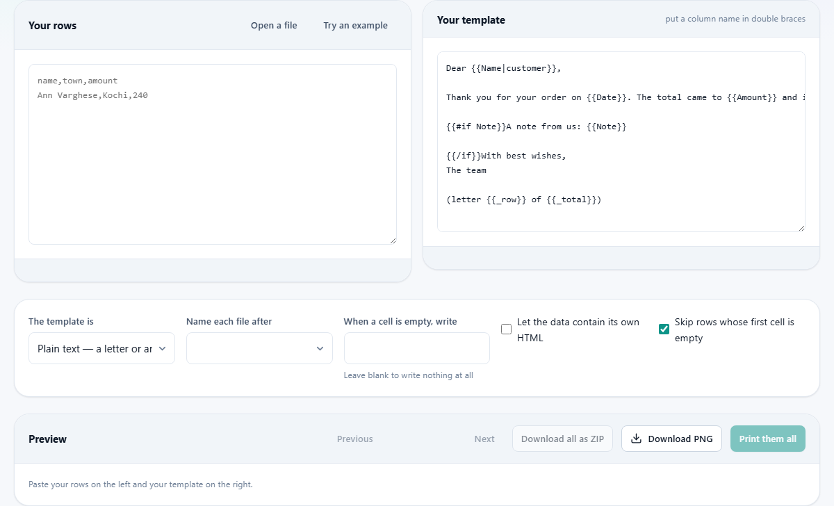 Screenshot: One template, one document per row