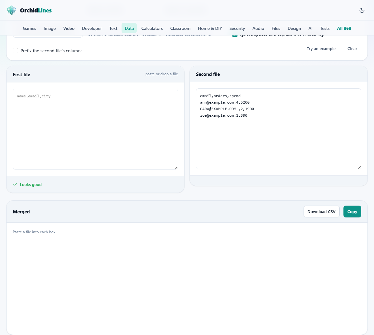 Screenshot: Joining two files on a shared column