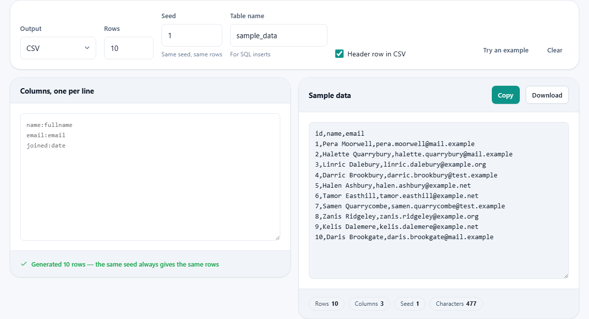 Screenshot: About the sample data generator