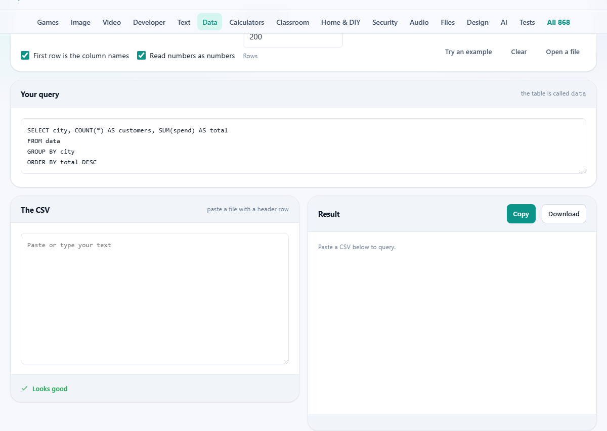 Screenshot: Querying a spreadsheet without a database