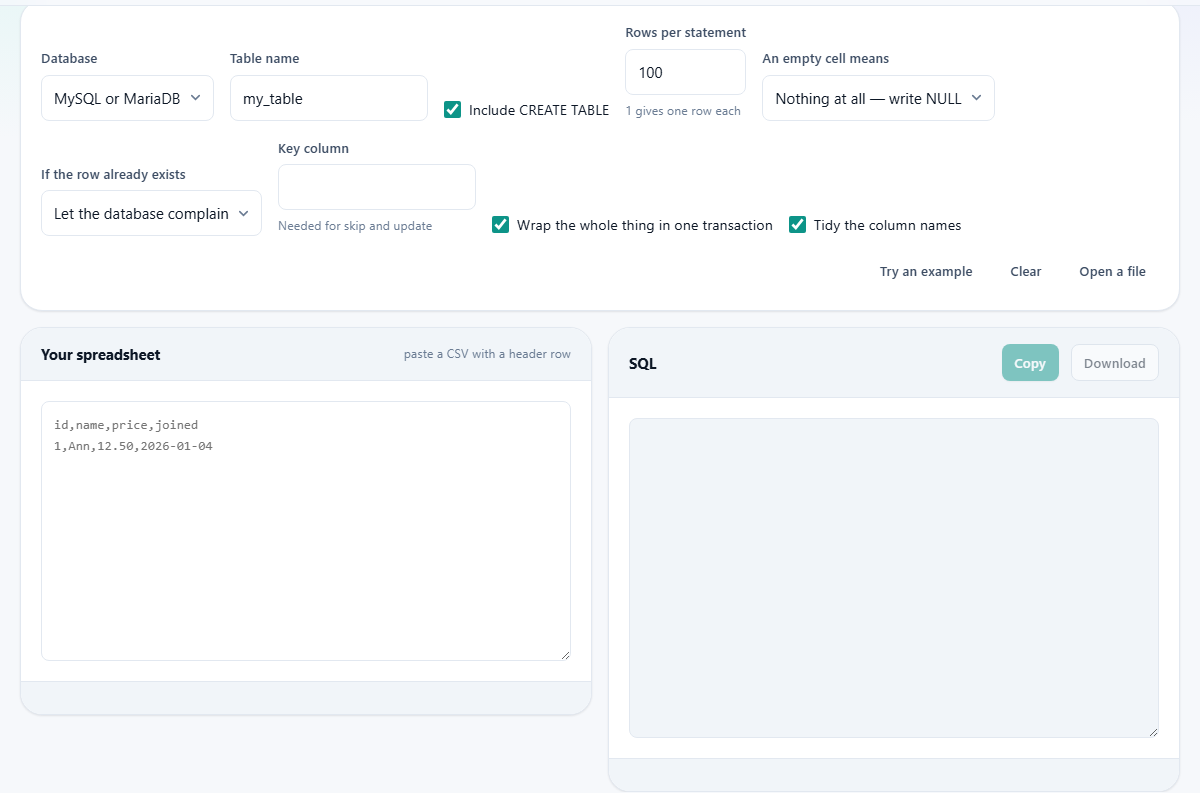Screenshot: From a spreadsheet to a table in a database