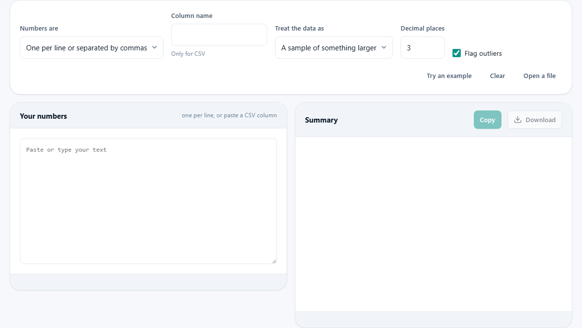 Screenshot: Summarising a set of numbers