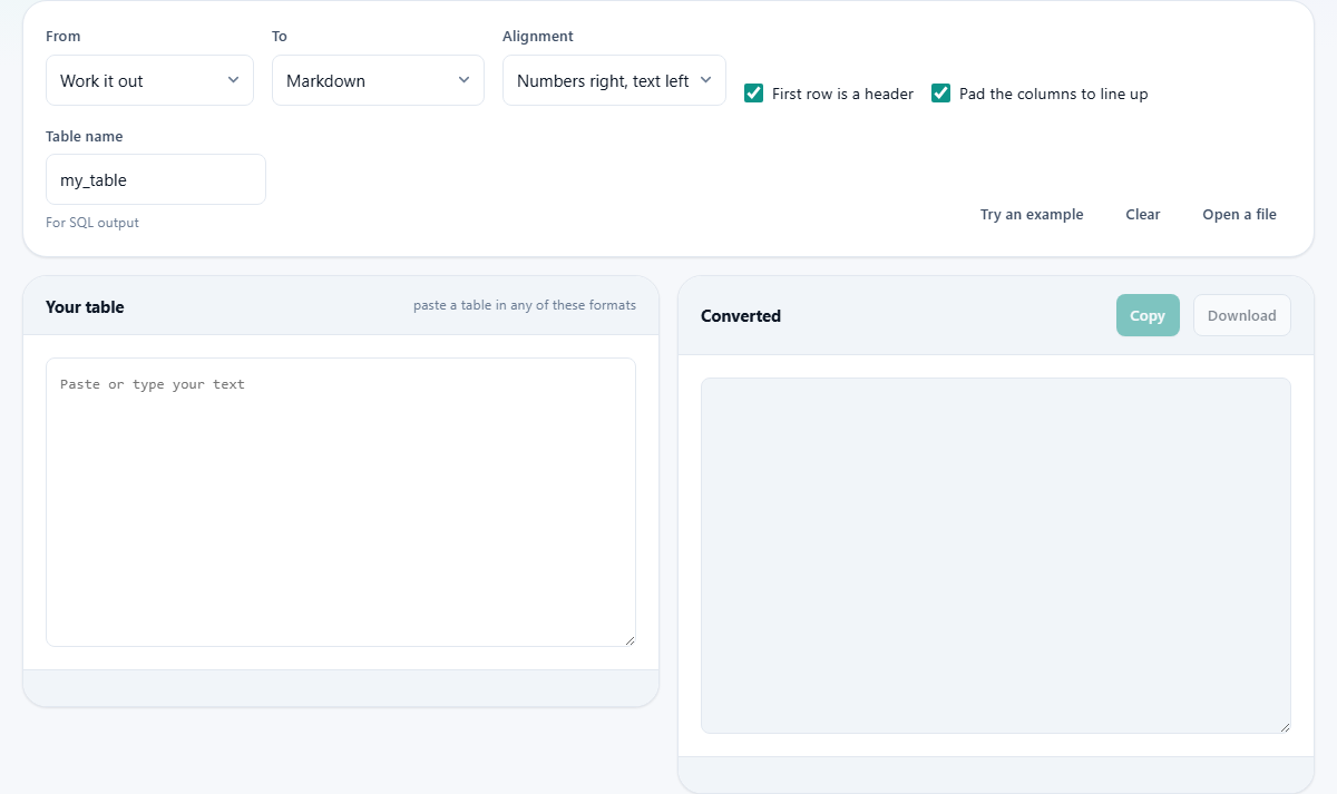 Screenshot: Moving a table between formats