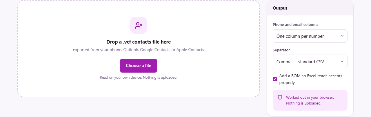 Screenshot: Reading a contacts export