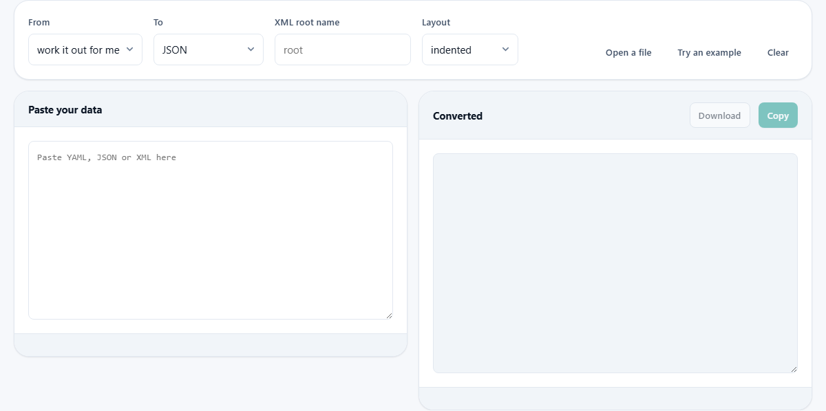 Screenshot: Converting between YAML, XML and JSON