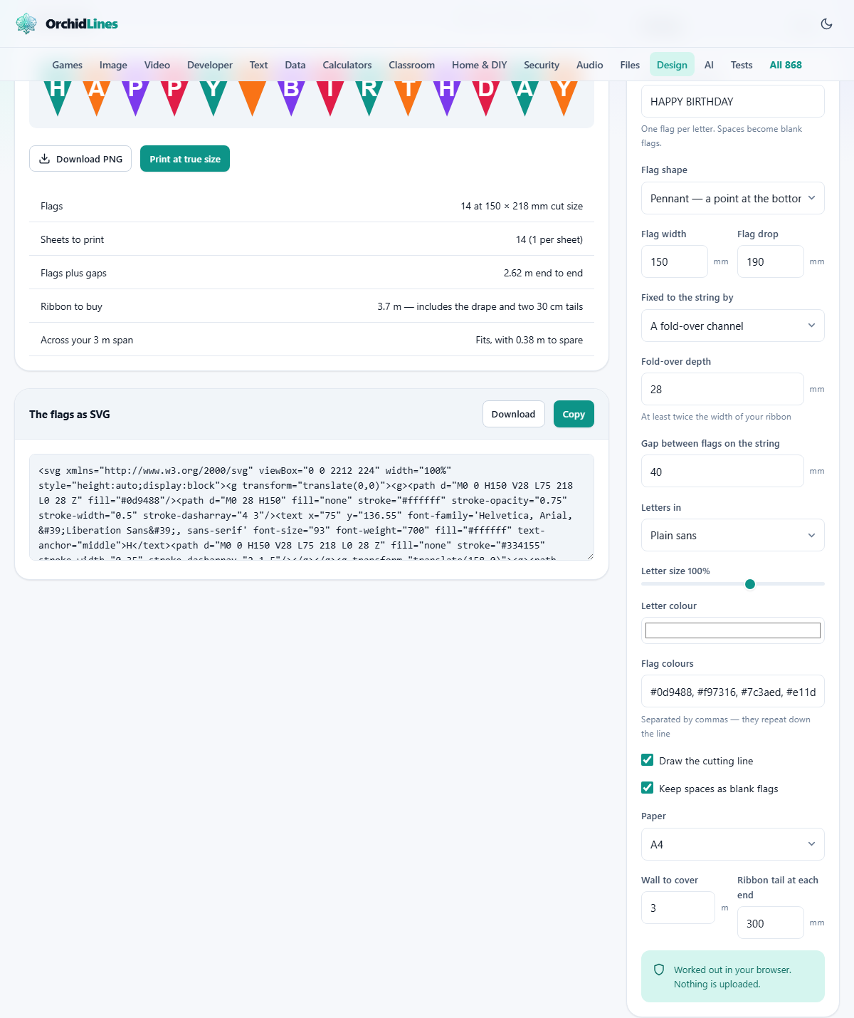 Screenshot: Bunting at the size it will actually be