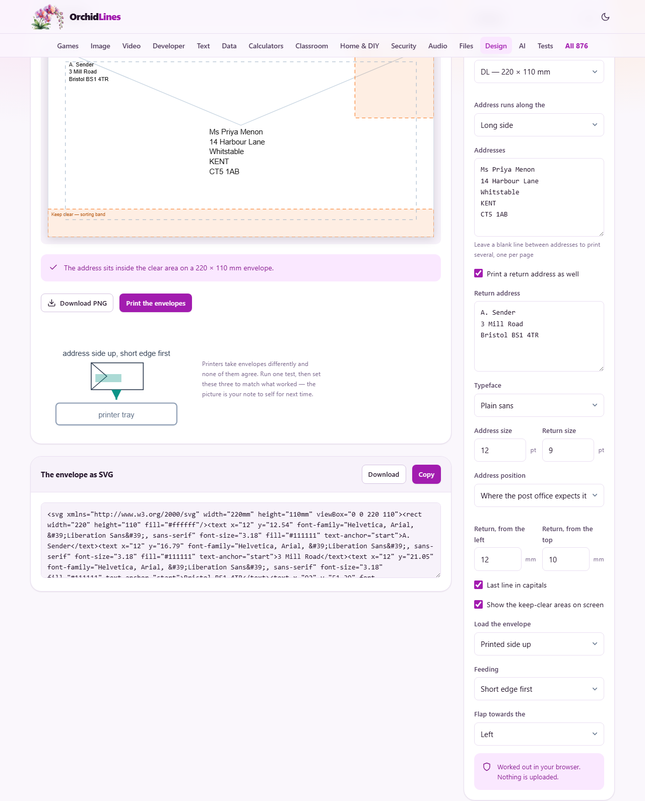 Screenshot: Printing on the envelope, not on a label