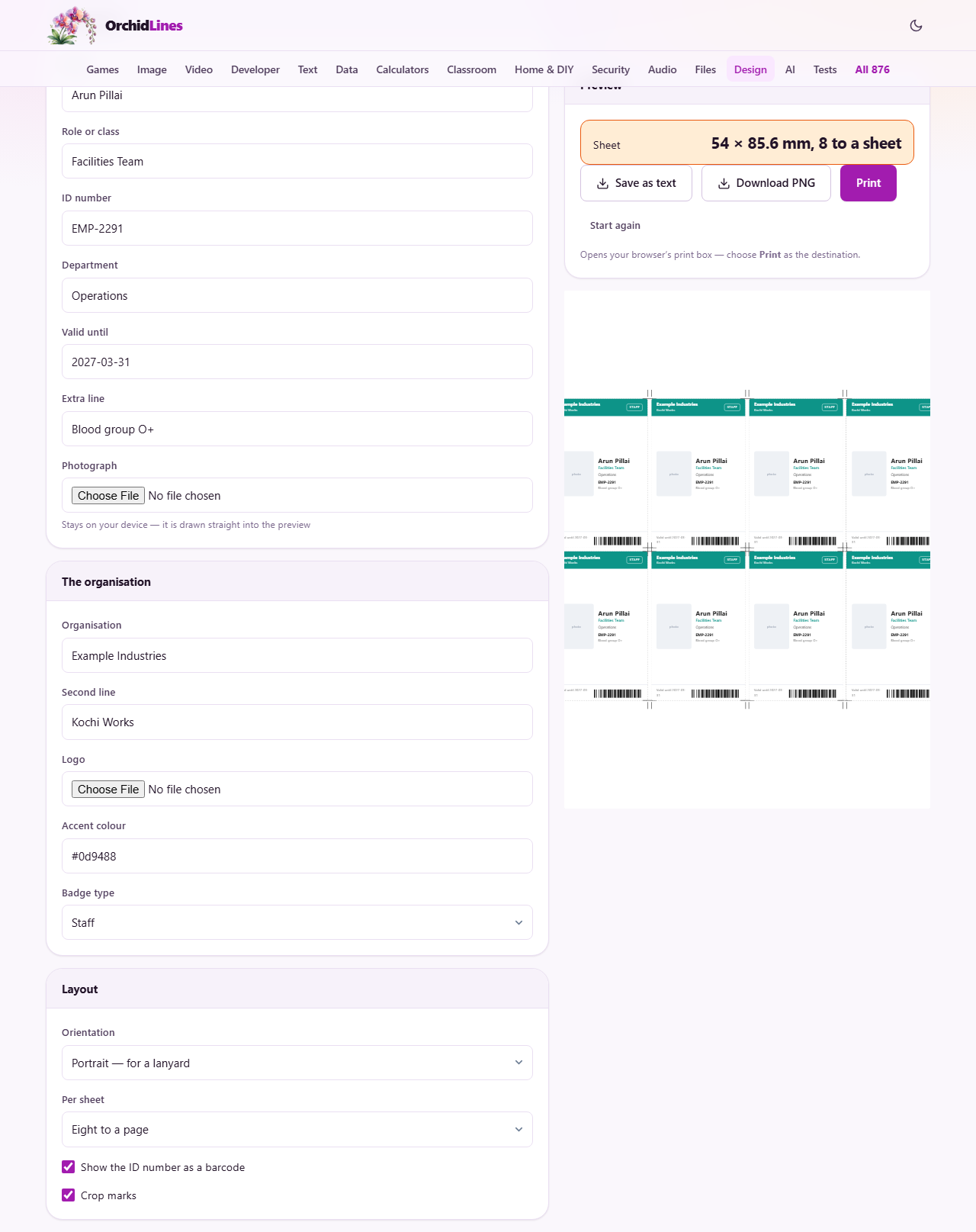 Screenshot: Badges that look official and print correctly