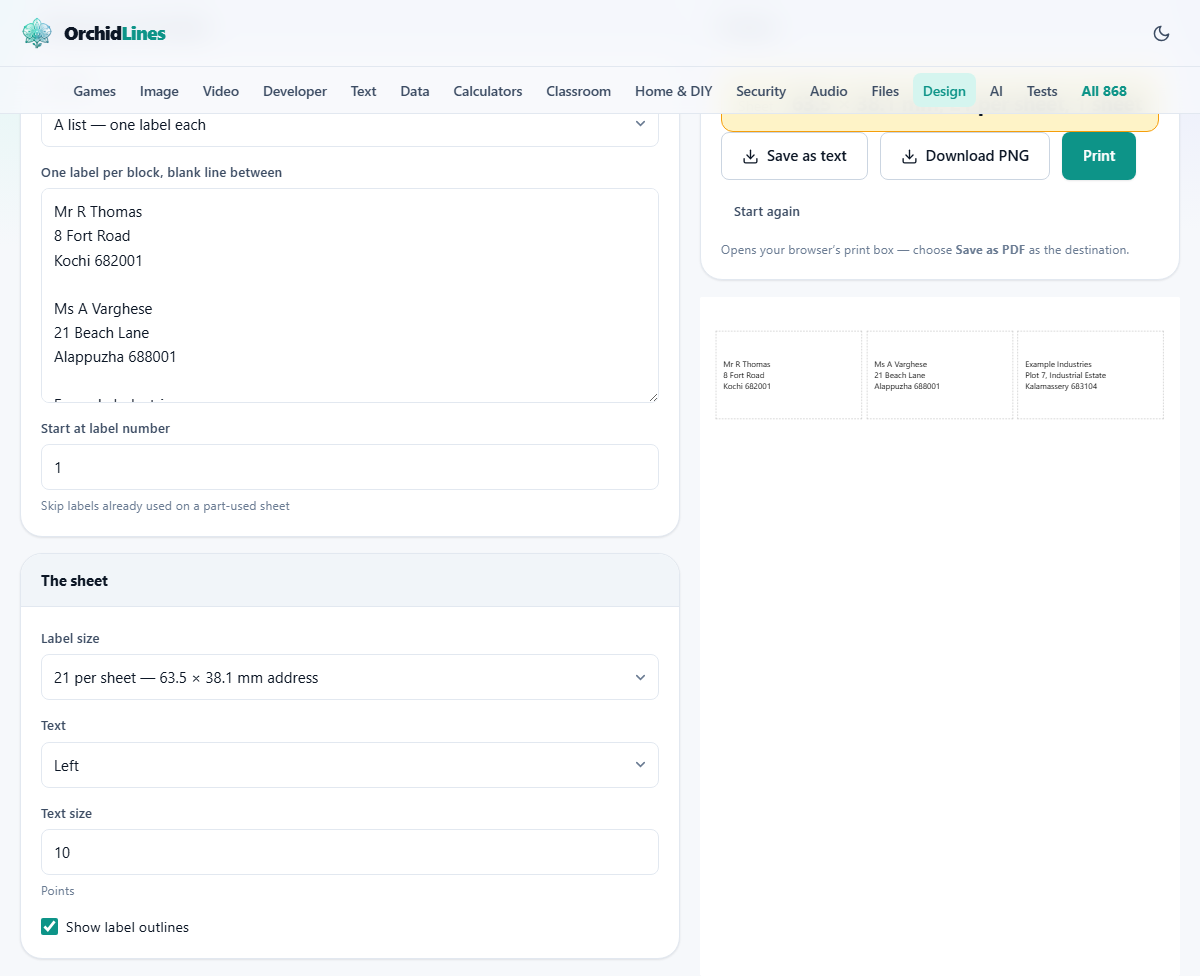 Screenshot: Getting labels to line up with the sheet