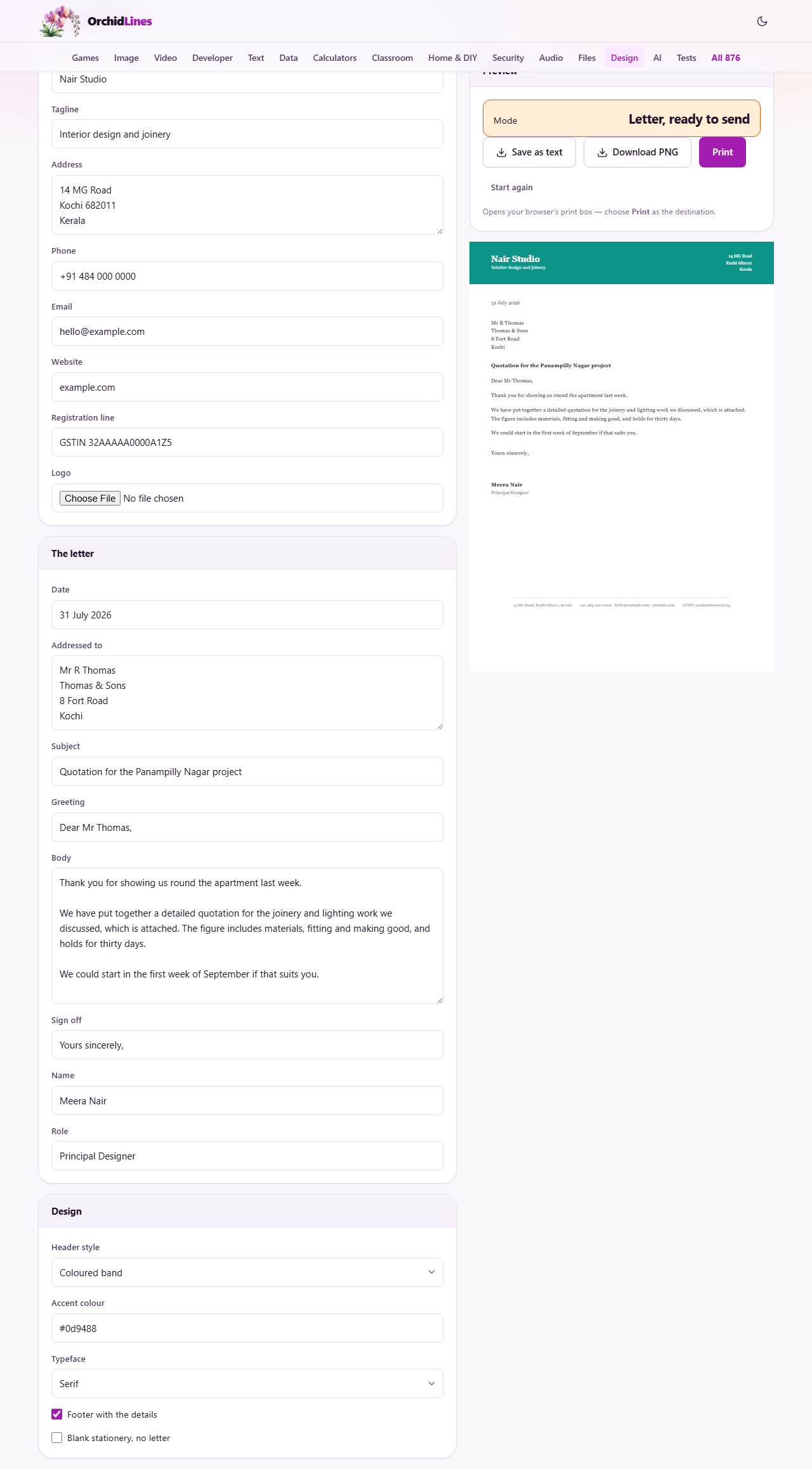 Screenshot: Stationery that looks like a business