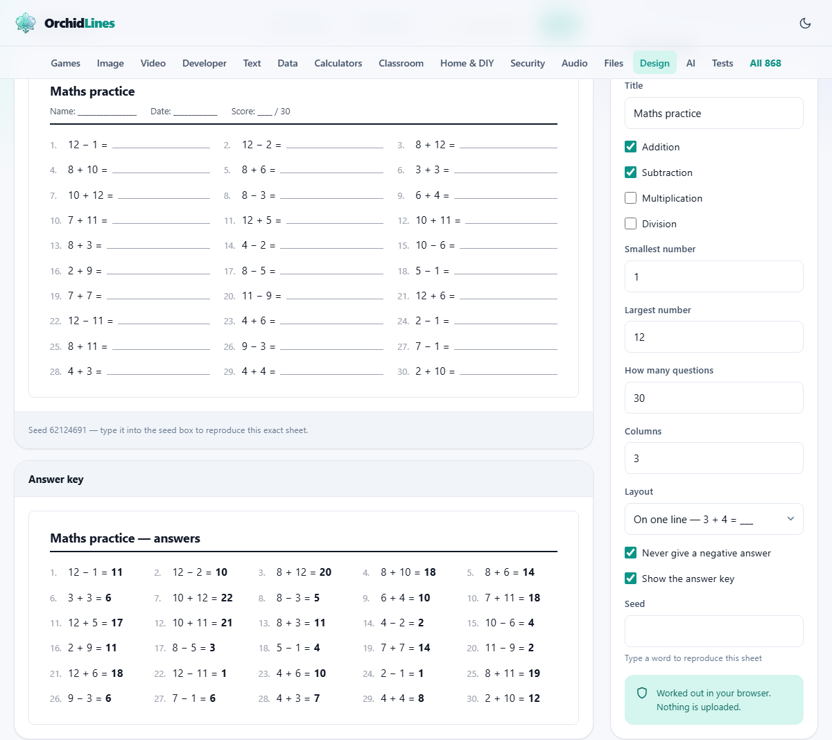 Screenshot: Practice sheets in ten seconds