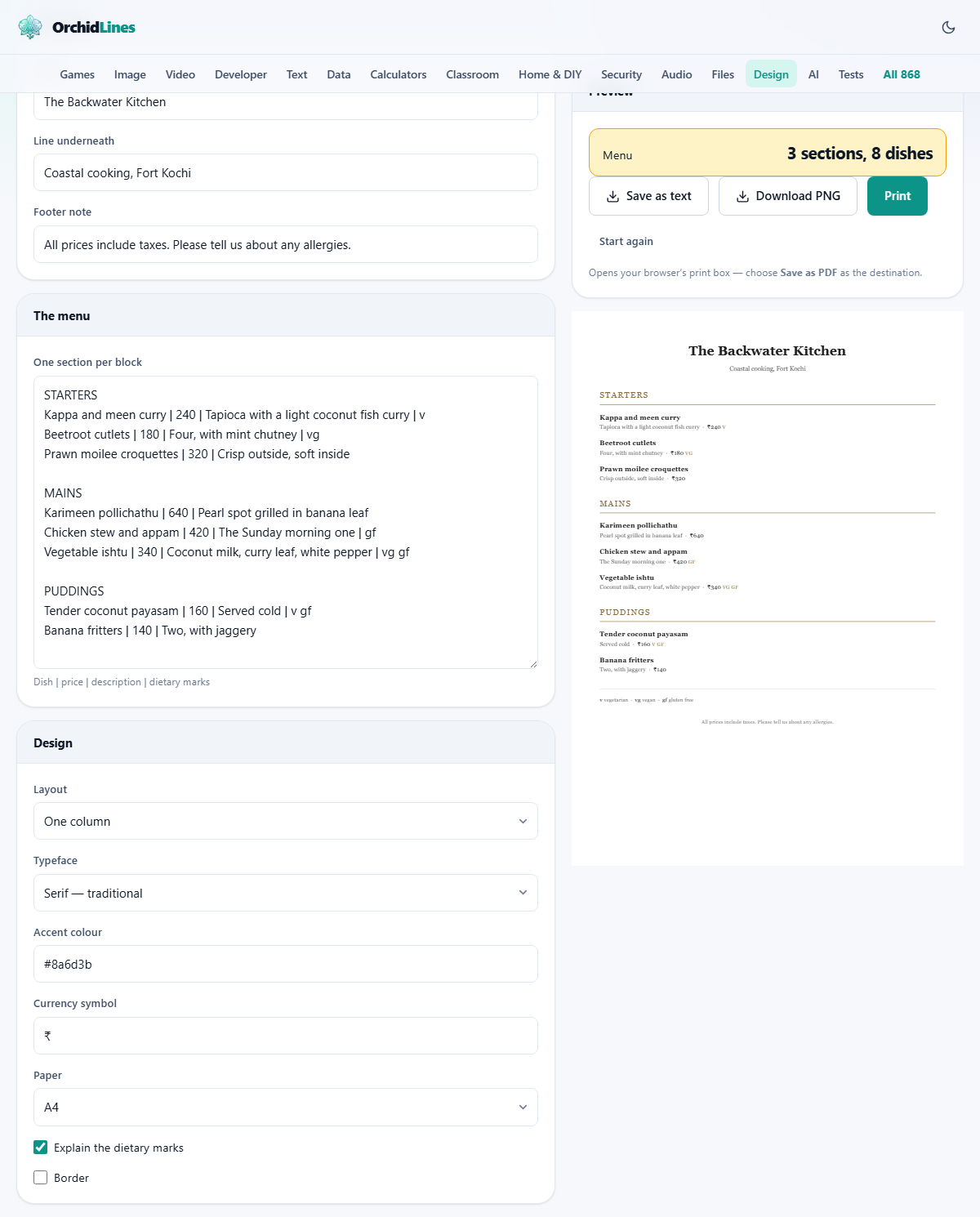Screenshot: A menu that reads like a menu