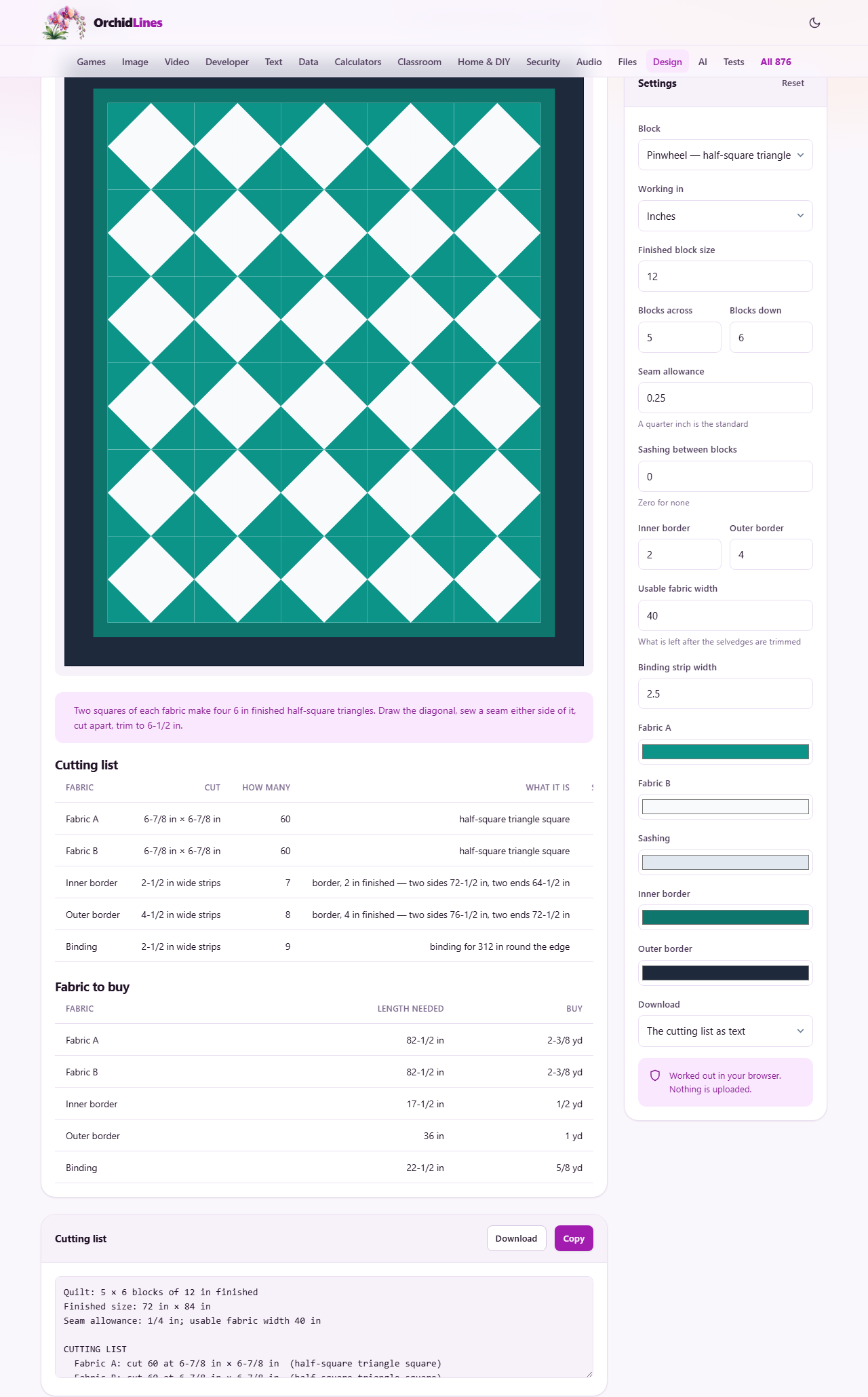 Screenshot: Cut sizes, not finished sizes
