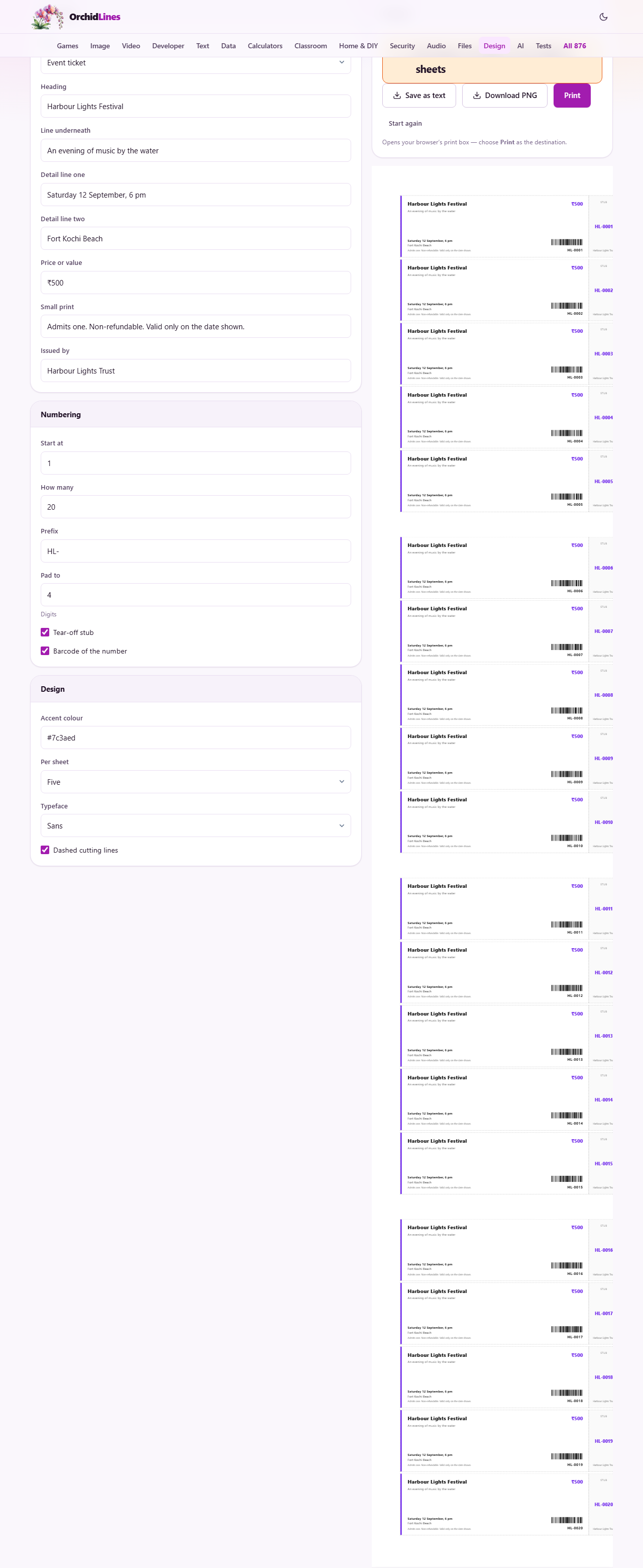 Screenshot: Numbered tickets that can be checked