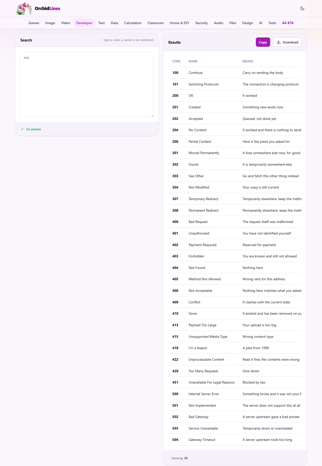 Screenshot: Looking up codes and types