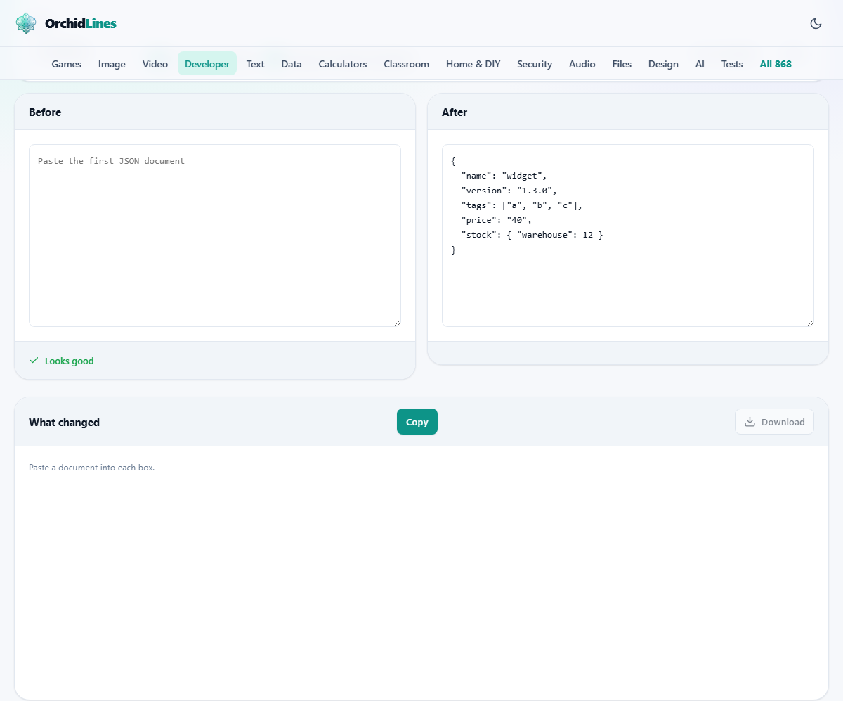 Screenshot: Comparing two JSON documents properly