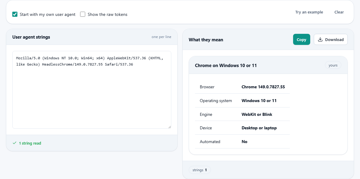Screenshot: Reading a user agent string