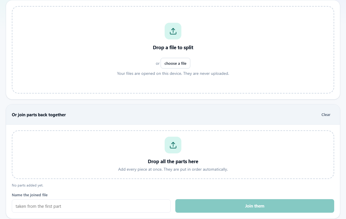 Screenshot: Splitting a file up and putting it back
