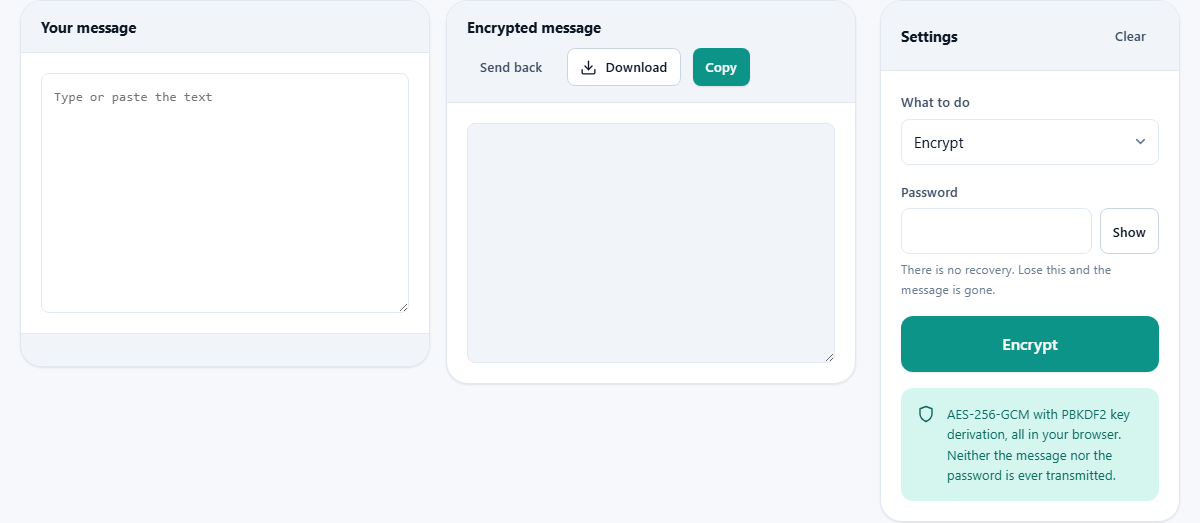Screenshot: Encrypting a message with a password