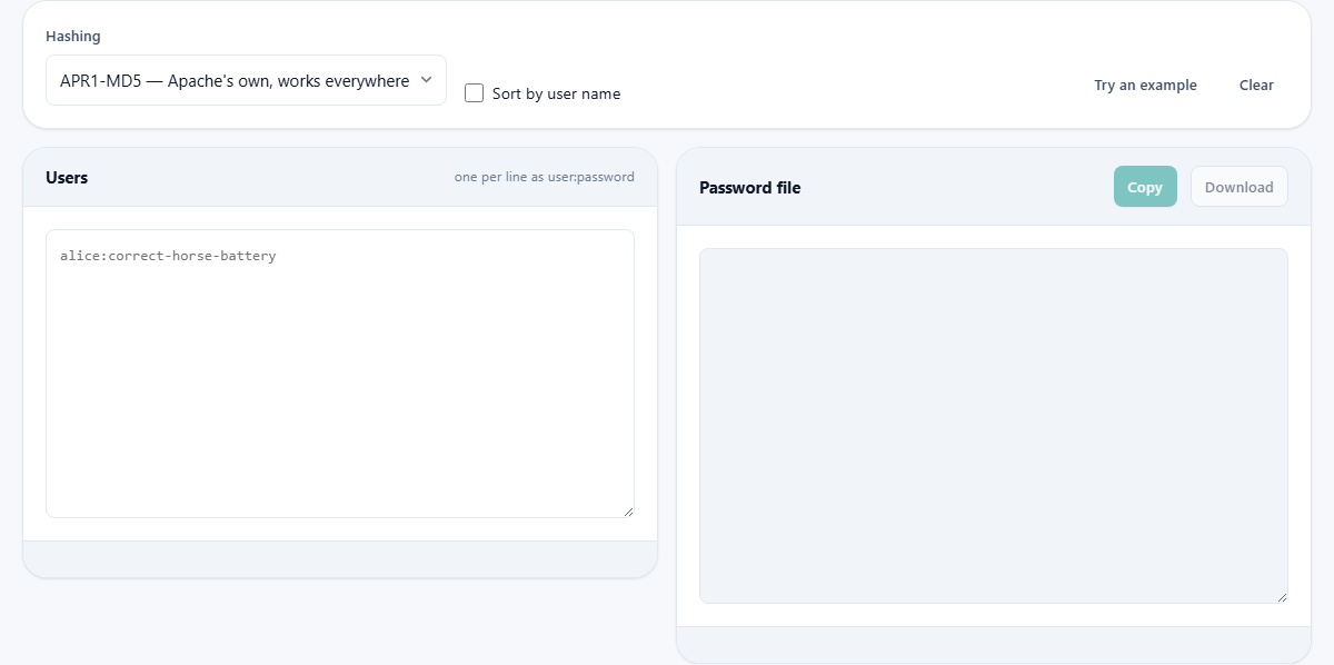 Screenshot: Making a password file for a web server