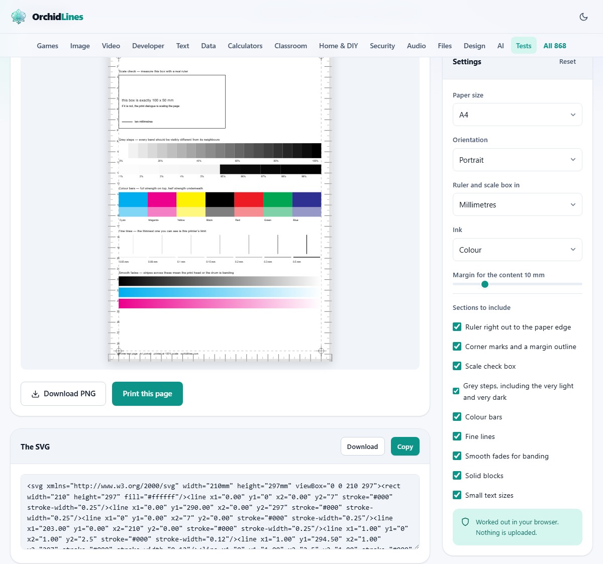 Screenshot: What a test page can tell you, and what it cannot