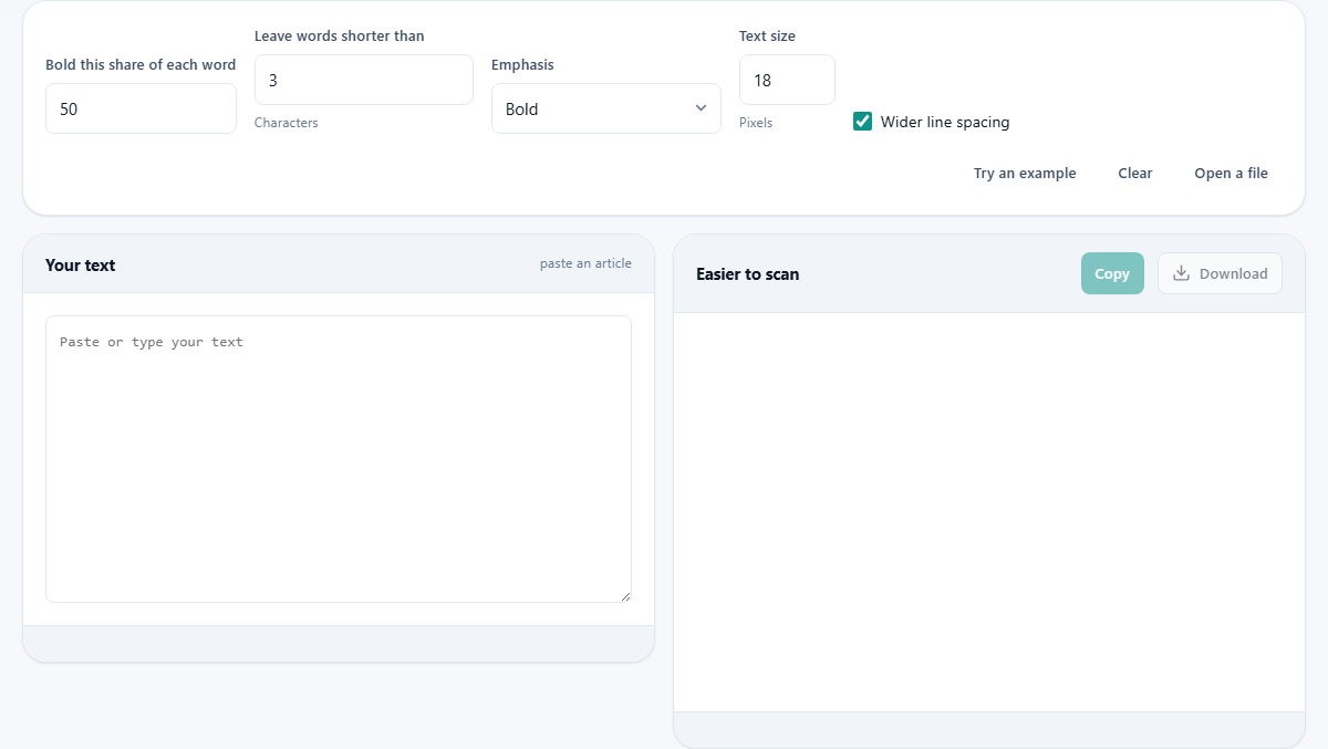 Screenshot: Reading with the front of each word emphasised