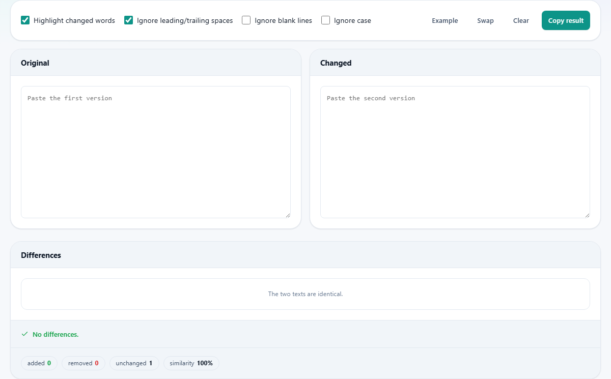 Screenshot: Comparing two versions of text