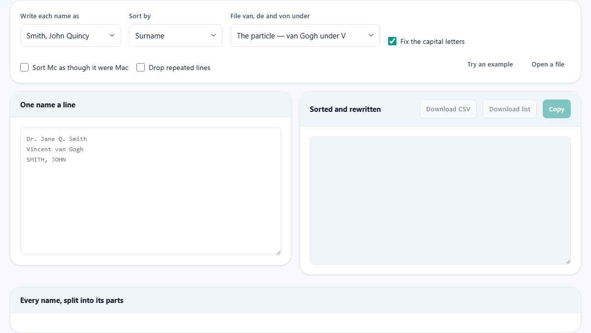 Screenshot: Sorting names is not sorting text